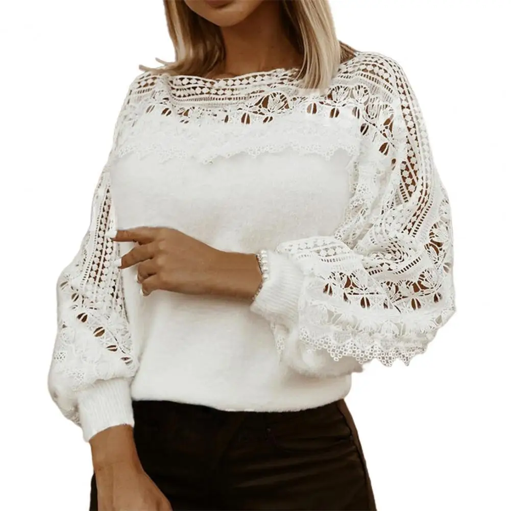 

2021 Autumn, Winter Fashion Solid Color Women Blouse Guipure Lace Crochet Simple Lantern Sleeve O Neck Pullover Top Streetwear