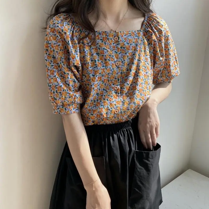 

ICHOIX Korean Style Floral Chiffon Blouse Women 2020 Summer Clothes half sleeve Vinatge Shirt ropa mujer Puff Sleeve Ladies Tops