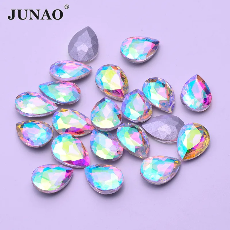 

JUNAO 50pcs 13*18mm Crystal AB Teardrop Glass Rhinestones Pointback Strass Diamond Glass Crystal Stones for Clothing Decoration
