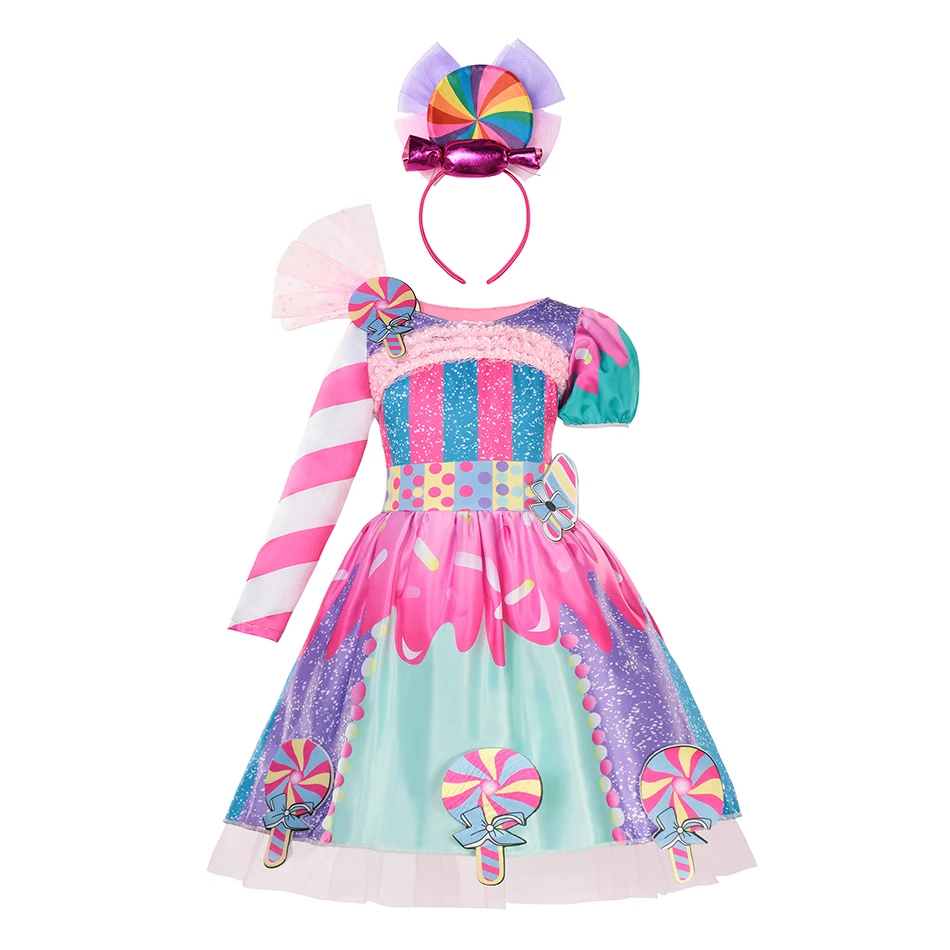 

Kid Carnival Sweet Candy Costume Girl Clothes Frock Little Girl Birthday Fancy Rainbow Tutu Dress with Hairband Child Party Gown