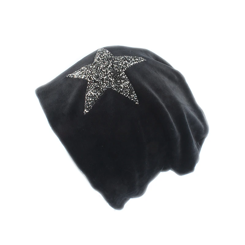 Новая мода бархатные Skullies Beanies Зимние шапки для женщин Звездный дизайн громоздкая шапочка женские шапки