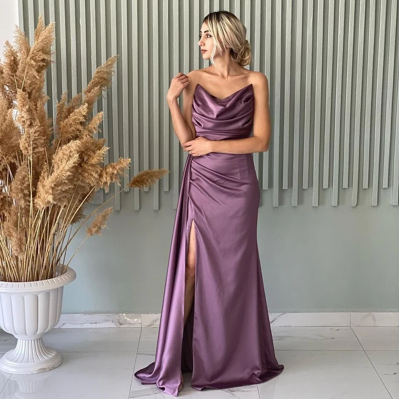 

Thinyfull Sexy Prom Dresses 2022 Satin High Split Evening Dress Saudi Arabia Mermaid Strapless Floor Length Cocktail Party Gowns