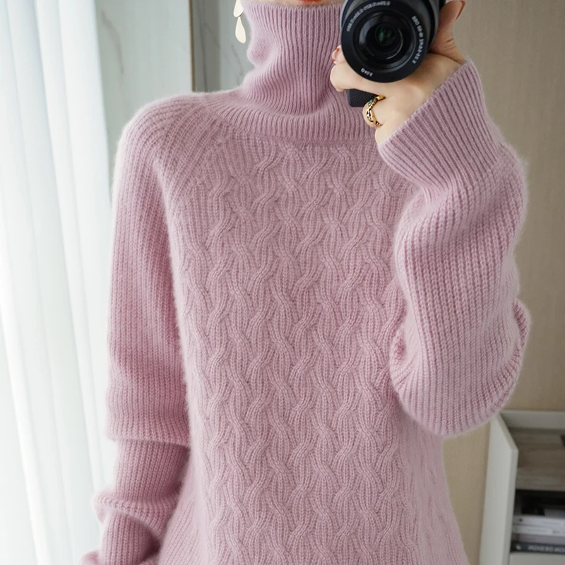 

2021 Plus Size High-Neck Cashmere Sweater Women New Thick Pullovers Winter 100%Pure Wool Wild Loose Warm Knit Twisted Base Shirt
