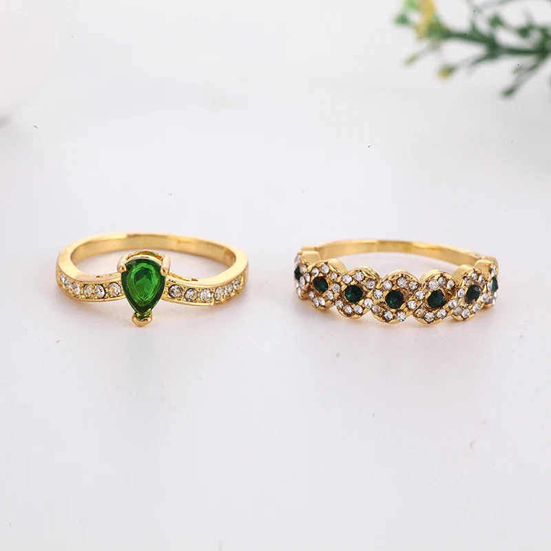

2pcs/set Wedding Ring Set For Women Forever Classic Gold Princess Ring Filled Green Zircon Crystal Ring Jewelry B4C150