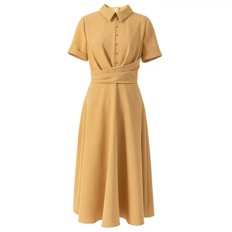 

Elegant Dress Women Summer 2021 New Arrival Turn Down Collar Short Sleeve Dresses French Chic High Waist Office Lady Vestidos