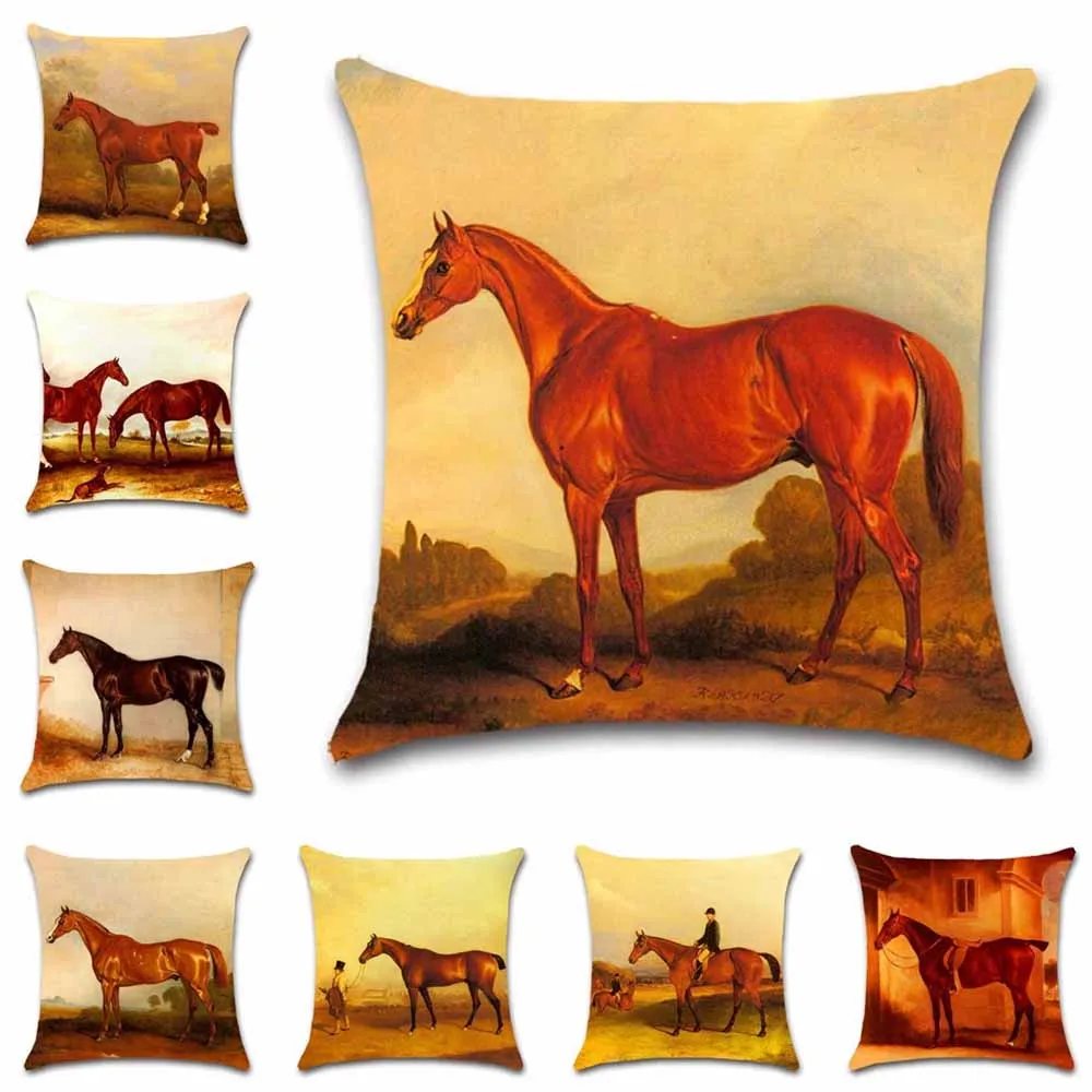 Vintage decorative oil painting style horse white Cushion Cover decor sweet Home sofa seat friend kids bedroom gift pillowcase
