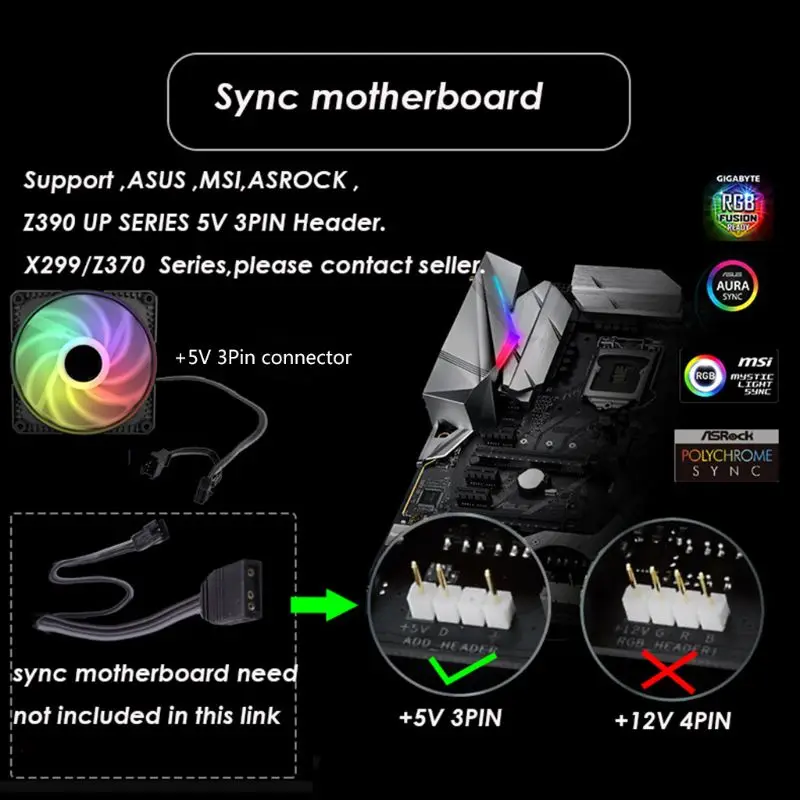 

RGB LED Rainbow Color Fan 12-14cm PWM Cooling Fan for 5V 3PIN Sync Motherboard