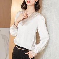 2021 fashion silk womes blouses shirt v neck long sleeve ladies tops embroidered white ol satin blouses solid women clothing