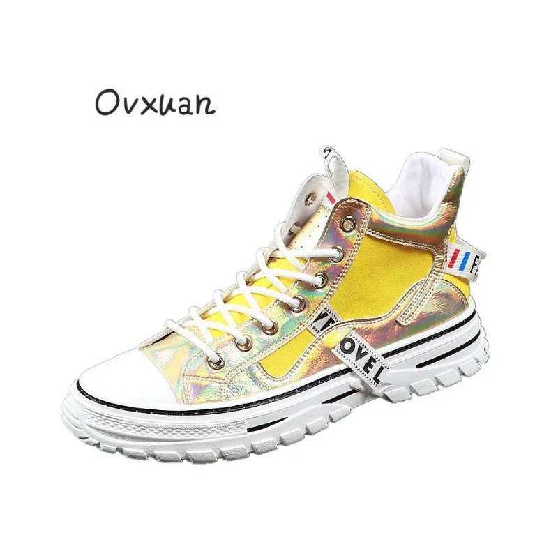 

OVXUAN Casual Walking Ankle Boots Gold Leather Splicing Gear Rubber Bottom Street Style Men Shoes Flats Zapatillas Hombre Botas