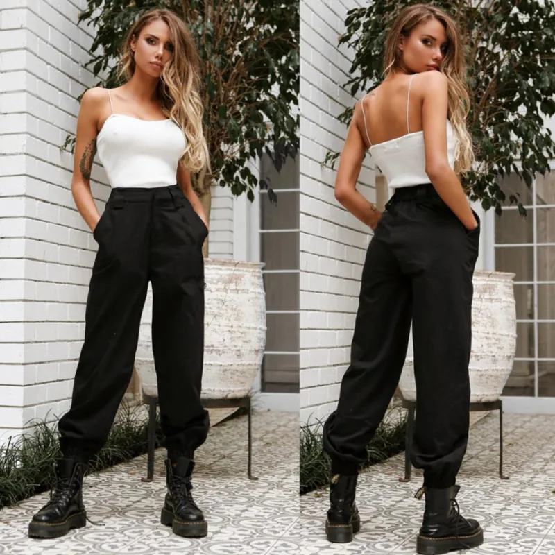 Женские свободные брюки шаровары Meihuida камуфляжные карго в стиле панк черные