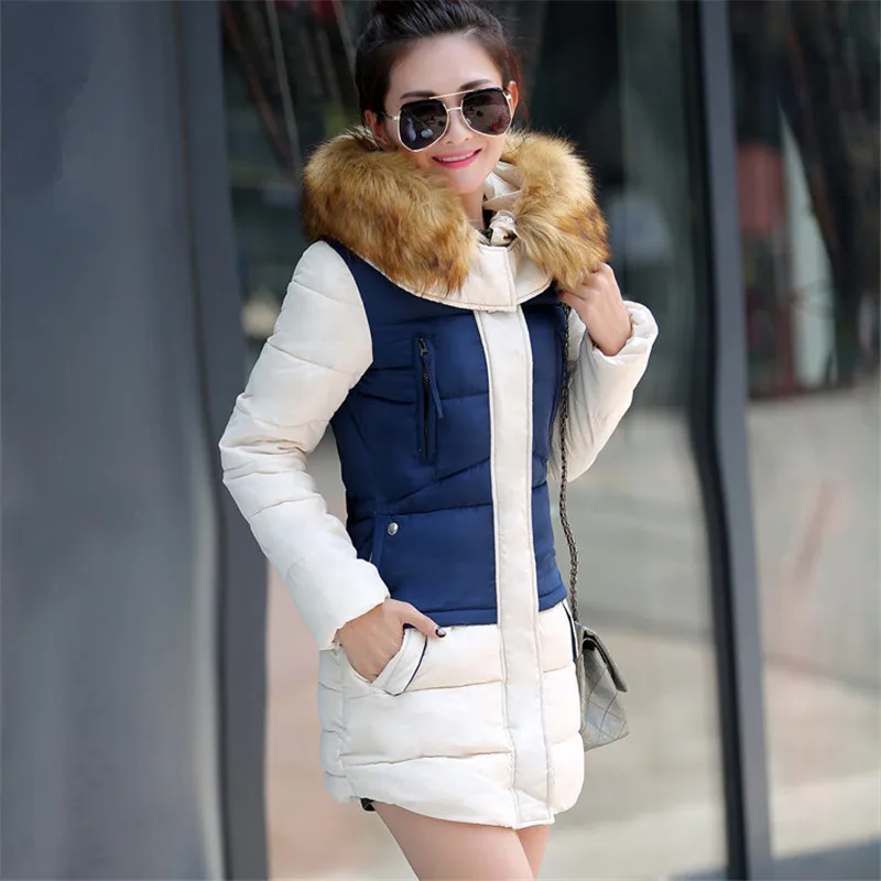 

Fashion 2021 Patchwork New Coats Thick Hooded Long Parkas Cotton Padded Warm Jacket Women Snow Outwear Mujer Abrigo ST350