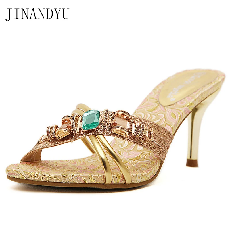 

Rhinestone Heels 8cm Fashion Ladies Slippers Heel Summer Concise Peep Toed Thin High Heel Slip on Round Toe Slides Women Mules