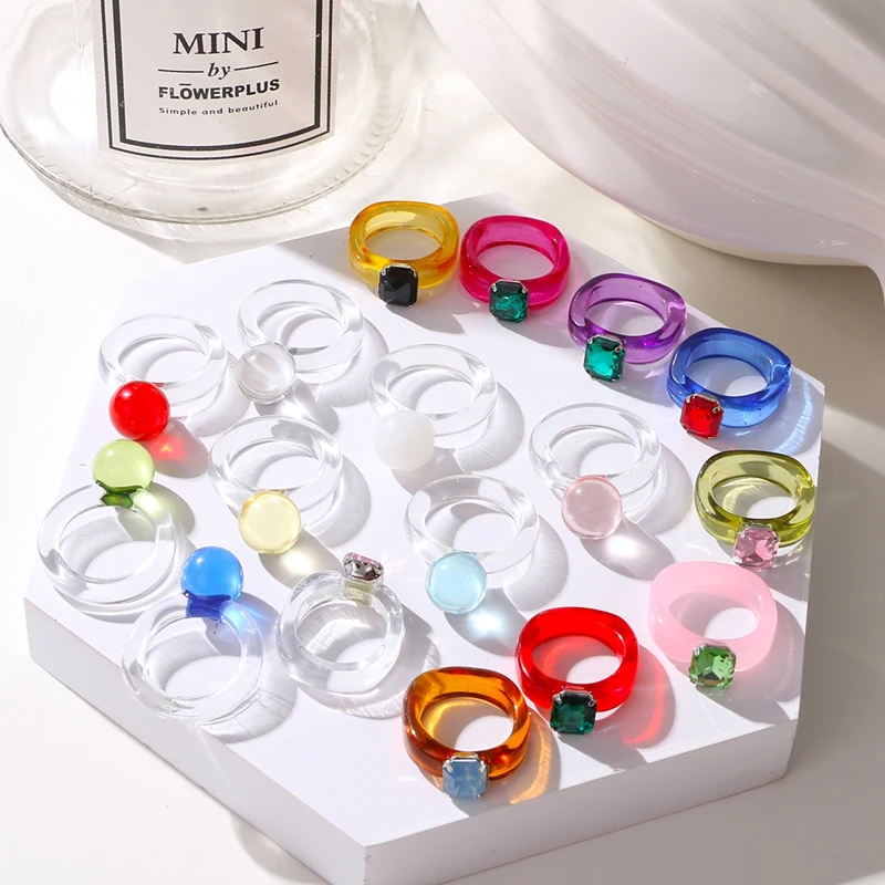

IFKM Trendy Colourful Transparent Resin Acrylic Ring For Women Korean Creative Geometric Square Round Irregular Rings Jewelry