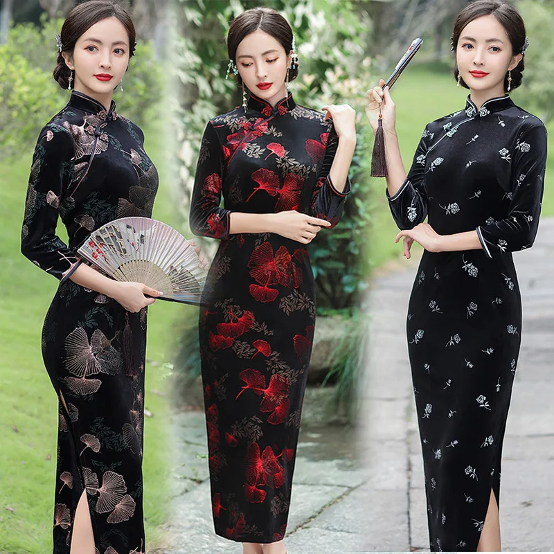 

Autunm Winter New Chinese Traditional Long Fork Women Qipao Mandarin Collar Slim Print Cheongsam Plus Size 5XL