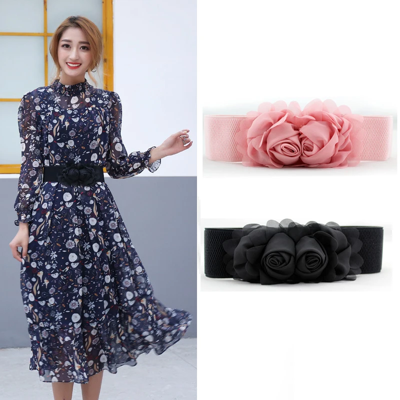 

Classic Double Flower Women Girdle Kpop Elastic Belt For Ladies Fashion Brand Design Waistband Dress Girdle Ceinturon De Dames