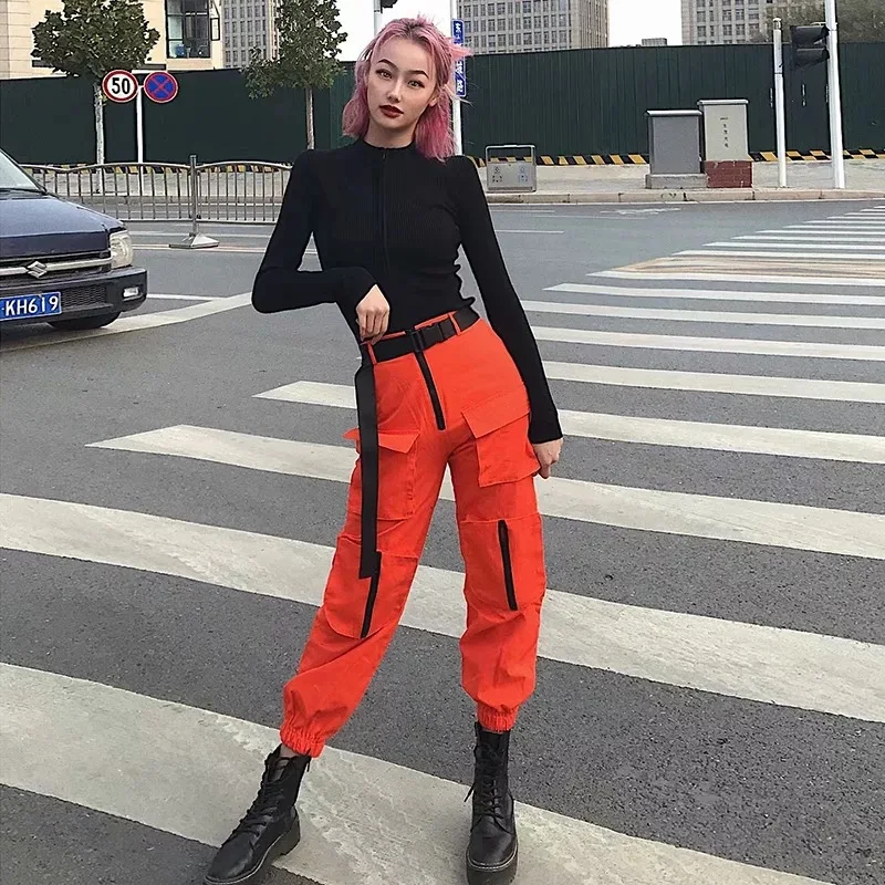 Брюки карго женские с высокой талией джоггеры карманами на молнии облегающие