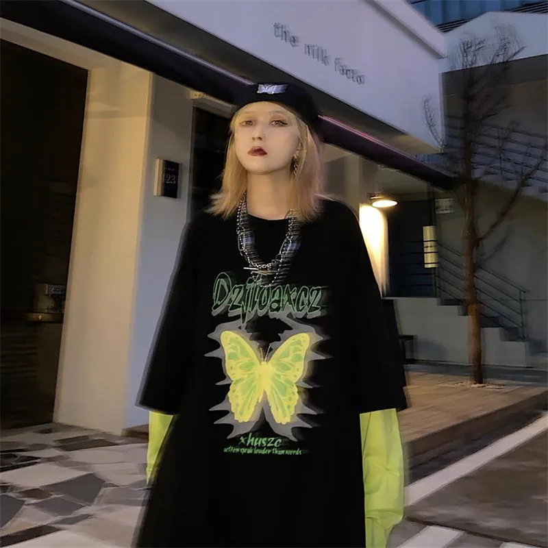 

Green Butterfely T Shirt Women Harajuku Fake Two Piece Tshirt Casual Long Sleeve Women Clothes Funny Loose High Street Shirt