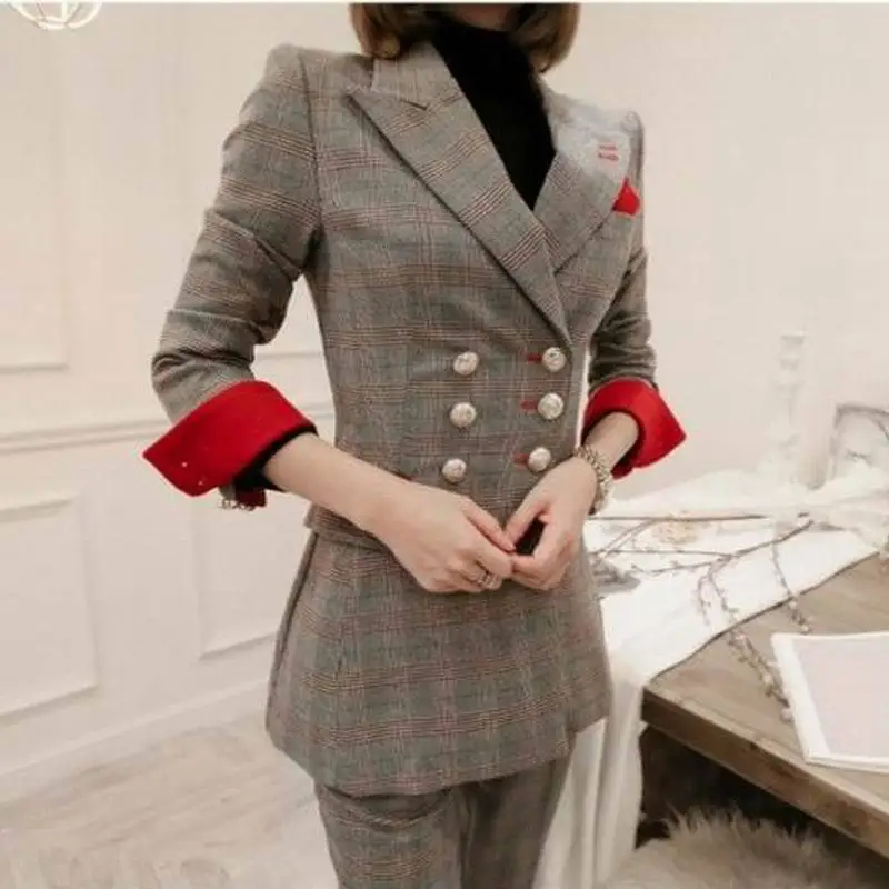 High Quality Autumn and Winter Professional Ladies Suits of Long Pants Suit 2022 New Double-breasted Plaid Suit Jacket Female