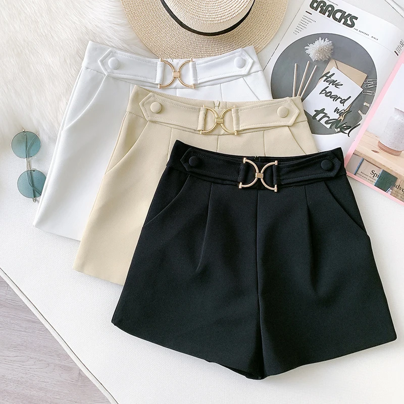

Wasteheart Spring New Casual Black White Polyester Women High Waist Shorts Camel Short Zipper England Style Slim Woolen
