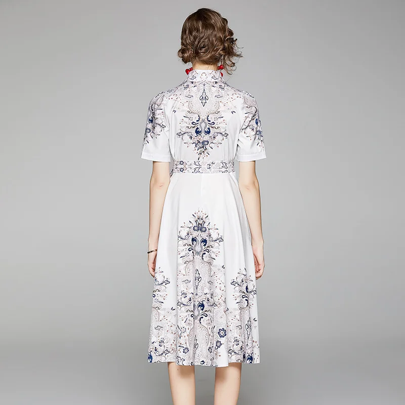 

Banulin 2020 Fashion Runway Designer Summer Floral Dress Women's Short Sleeve Vintage Print Belt Midi Dress Female Vestidos