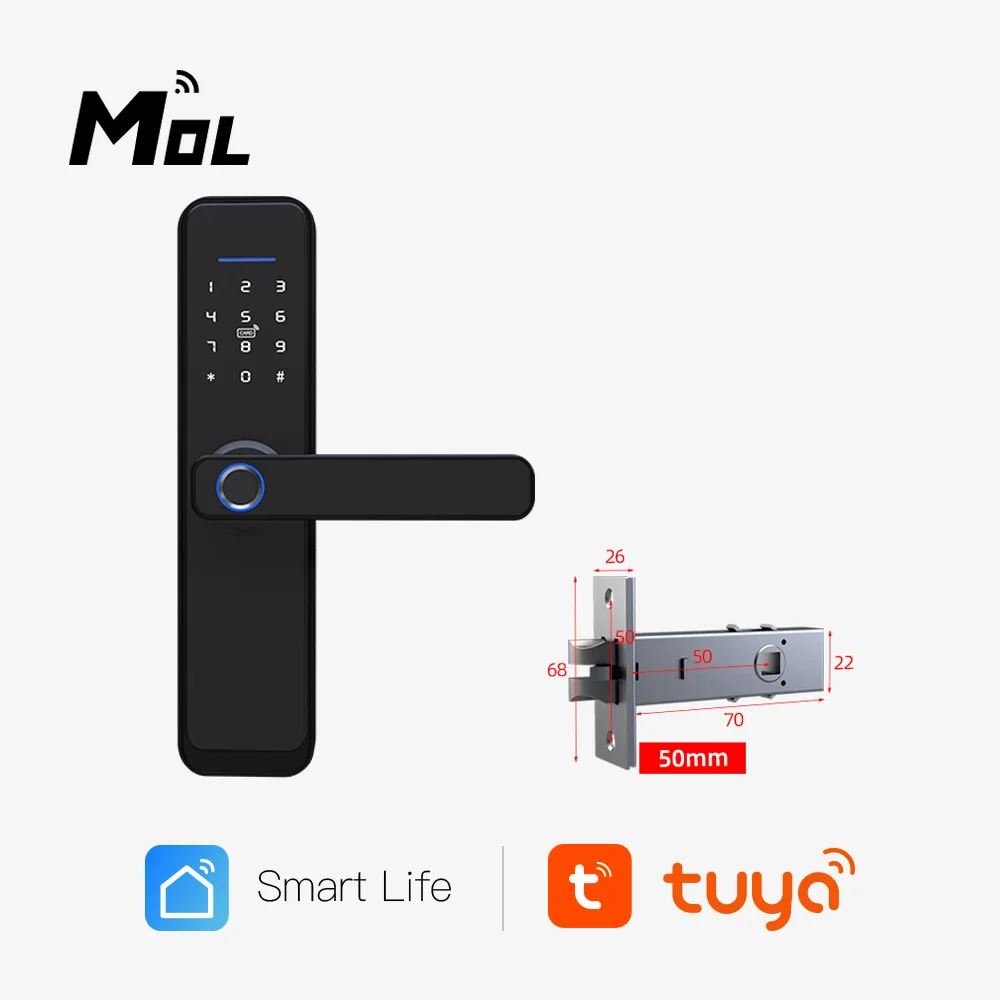 

Tuya Wifi X2 50mmBLACK Electronic Door Lock Security With Tuya APP Remotely/Biometric Fingerprint/Smart Card/Password/Key Unlock