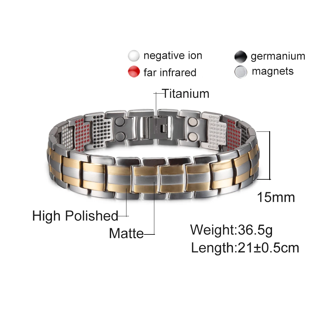 

Magnetic Titanium Bracelet for Men Health Energy Germanium Men Bracelet Gold 15MM Magnetic Bracelet Benefits Therapy Arthritis
