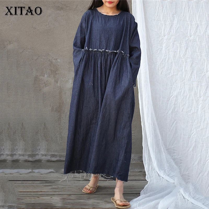 

XITAO Pleated Dress Fashion New Pullover Plus Size Goddess Fan Casual Style 2021 Autumn Solid Color Minority Dress GWJ1333
