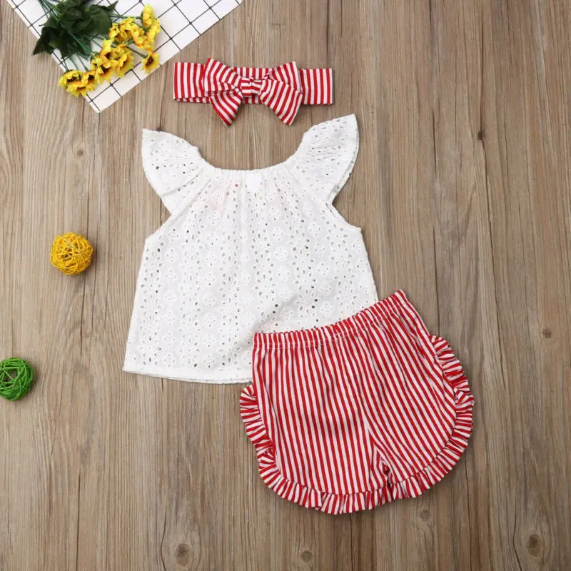 

3Pcs 2019 New Summer Girls Set Toddler Kids Baby Girls Lovely Party Birthday Clothes Red Striped Short Sleeve Ruffles Drop Ship