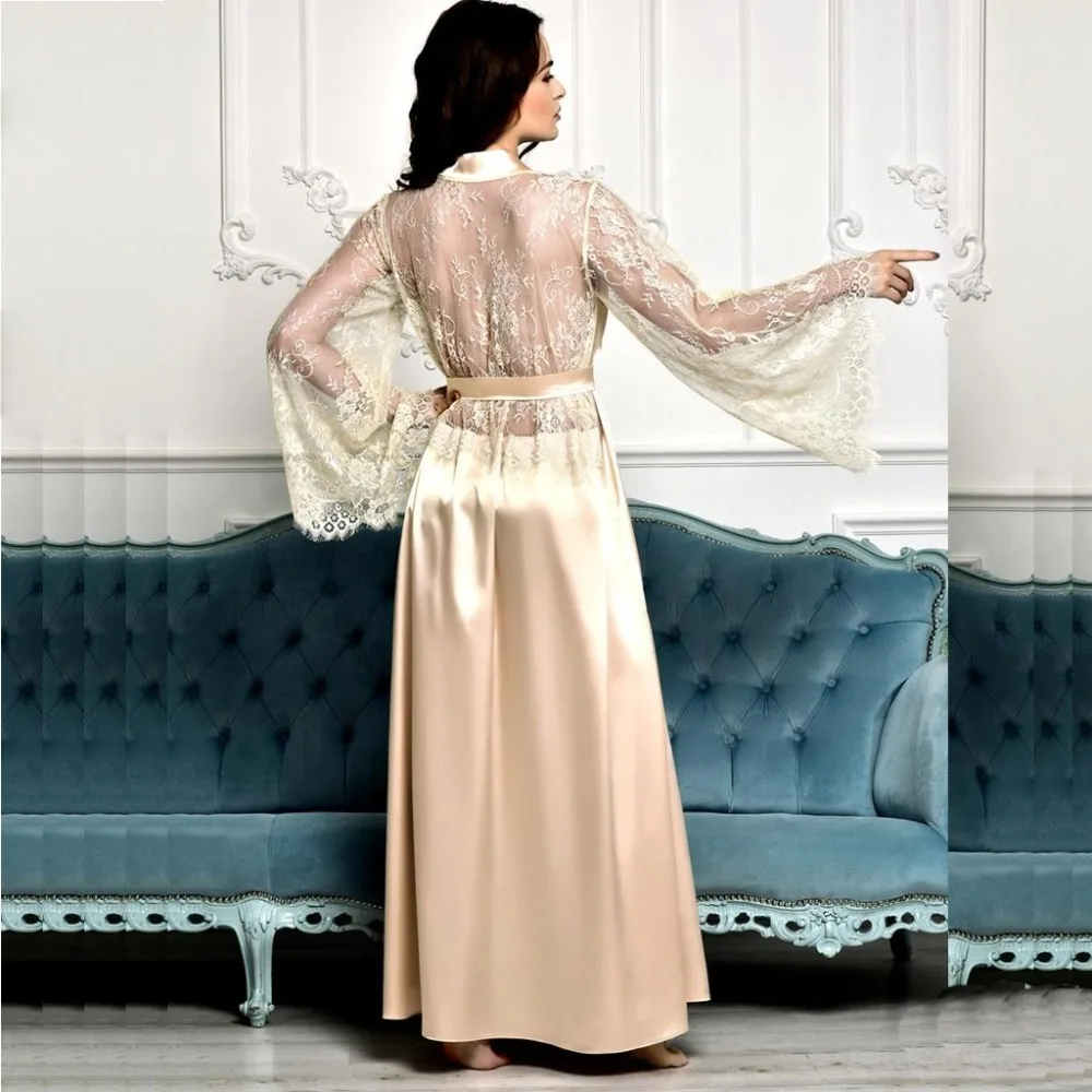 Сексуальные кружевные женские халаты, пижамы peignoir femme шелковые, атласные, с кружевами нижнее белье пижамы кимоно длинный халат подружки невесты Gow халат атласный