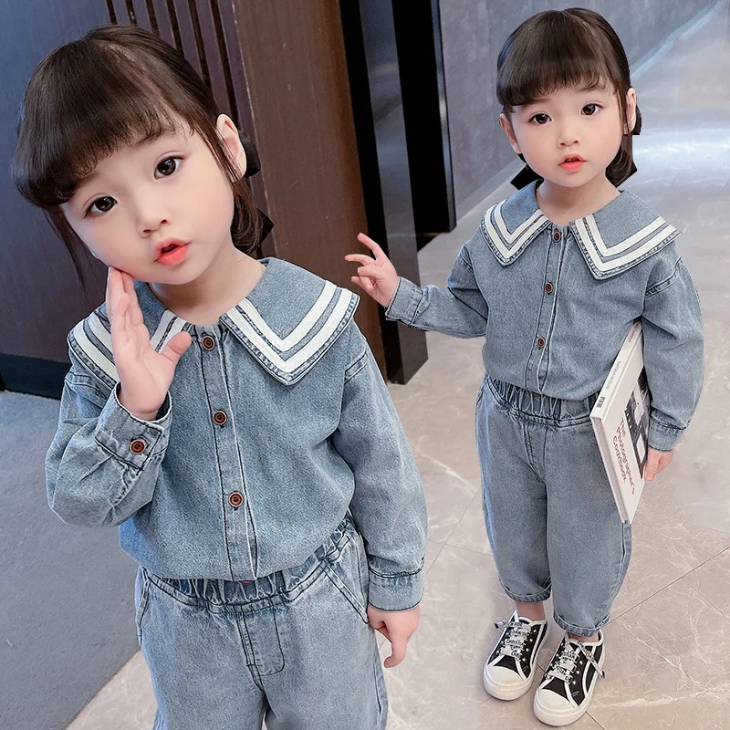 

Girl Navy collar denim suit spring and autumn 2021 new girl baby denim Top + trousers two piece children's casual denim suit