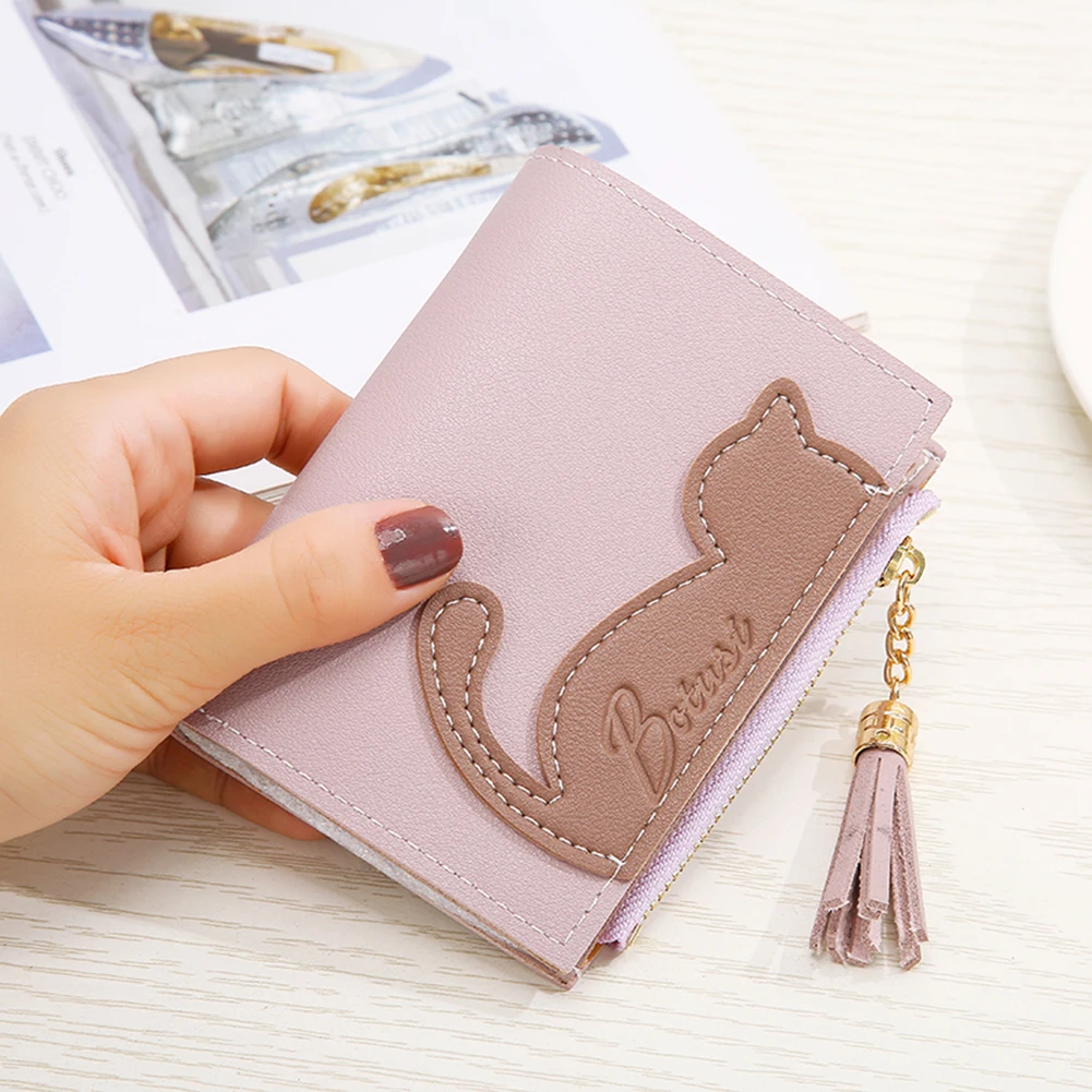 

Casual Girl Short Purse Coin Bag Ladies Cute Cat Student Bag Zipper Wallet Cartoon Tassel Leather Wallet Zipper Card Holder