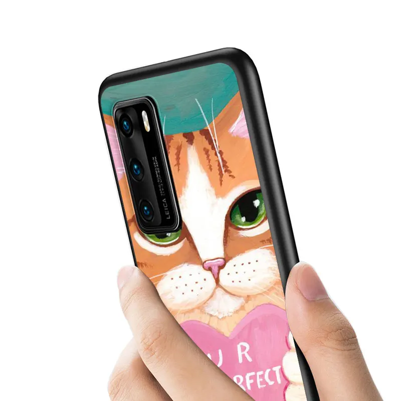 

Cute Coffee Cat for Huawei P40 P30 P20 P10 Pro Lite E Plus 4G 5G P9 P8 Lite P Smart Z S Plus Soft Black Phone Case