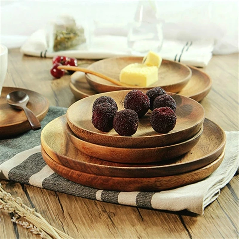

Round Shape Whole Wood Plate Fruit Dishes Saucer Tea Tray Dessert Dinner Bread Wood Plates Storage