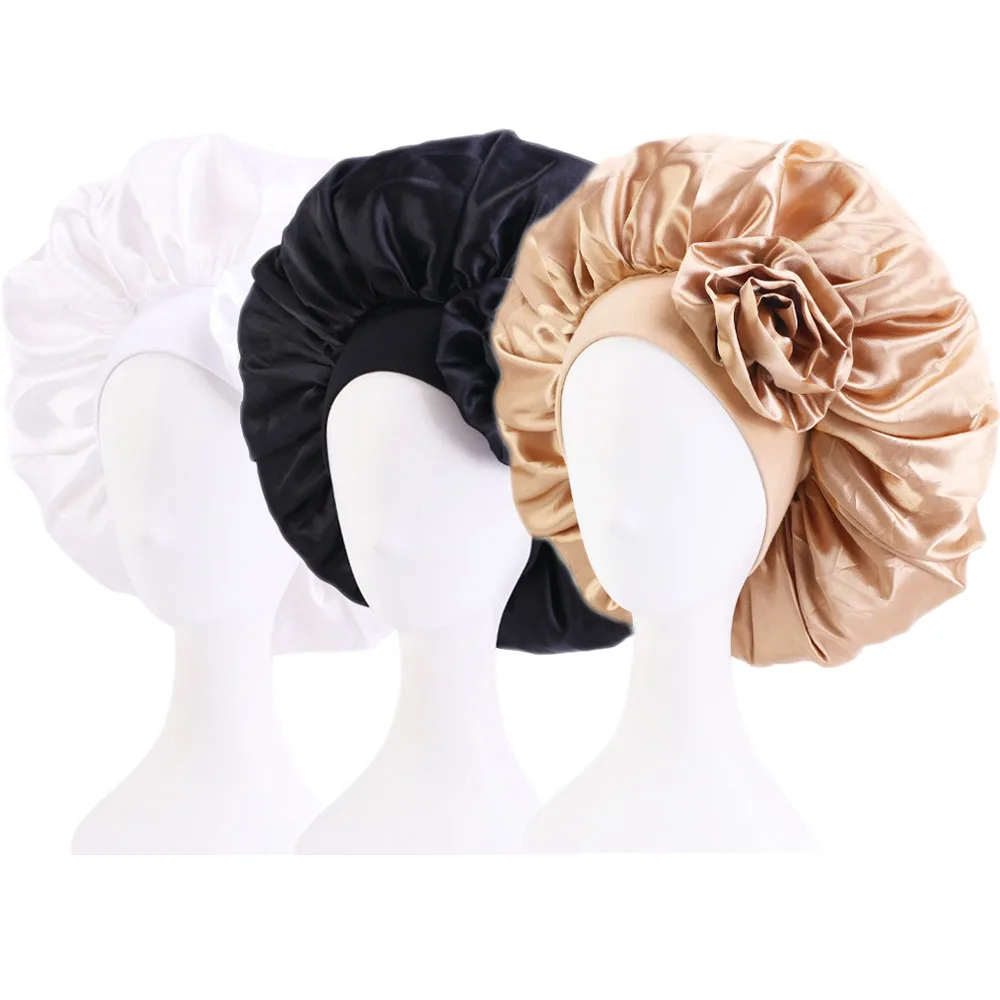 

3Pcs Women Satin Sleep Night Cap Flower Turban Silk Hair Bonnet Wide Band Headwear Muslim Hijab Hat Care Beanie Head Scarf Wrap