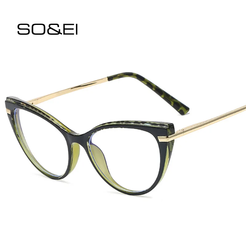 

SO&EI Retro Cat Eye Women Glasses Frame Fashion Clear Anti-Blu-Ray Eyewear Men TR90 Metal Optical Eyeglasses Frame