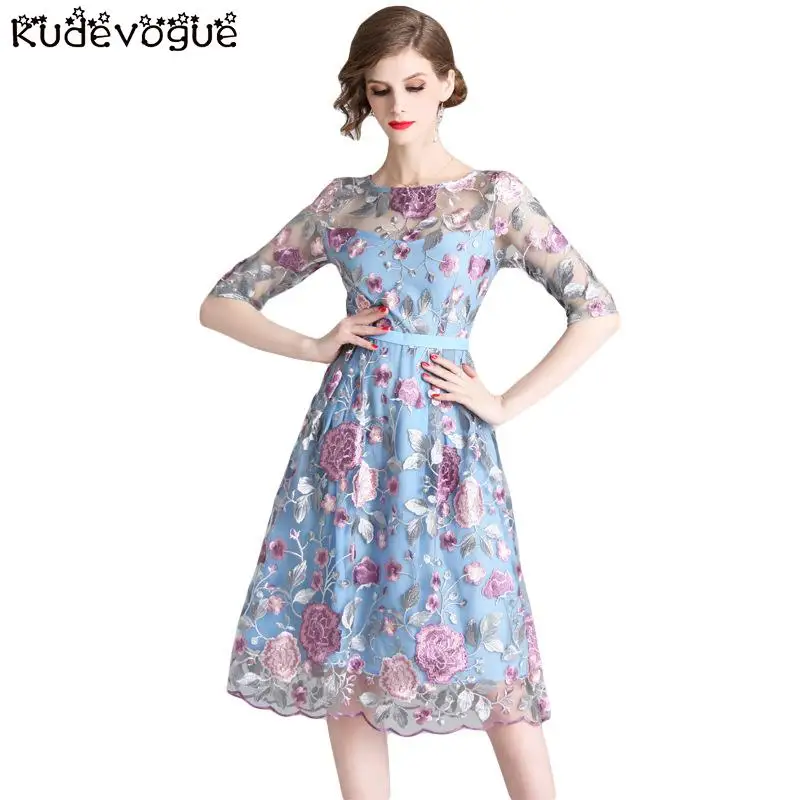 

Embroidered dress spring temperament seven-point sleeves gauze flower female 20220 new vacation a word skirt dress skirt fairy