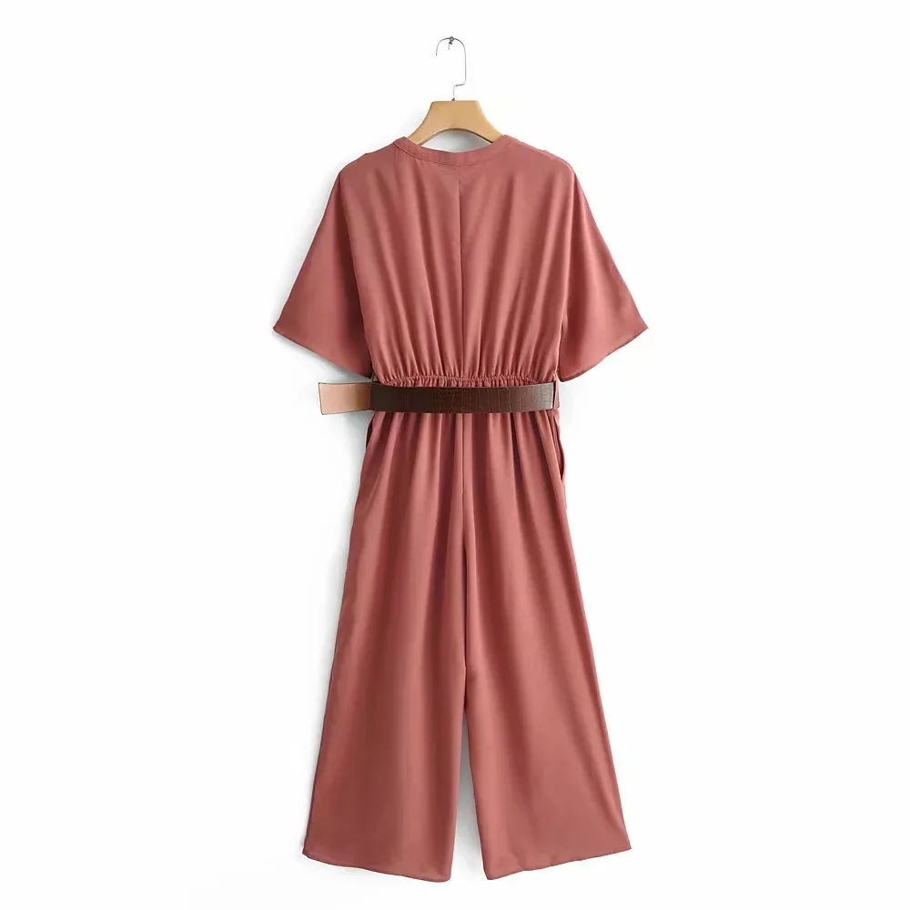 

Elegant Long Jumpsuit 2019 Summer Women Rompers Casual Solid Short Sleeve Beach Jumpsuit Sexy V-Neck Long Rompers With Belt