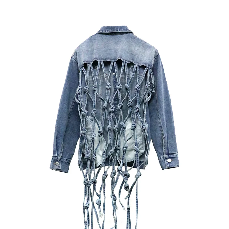 Blue Высокое качество нерегулярные женские джинсовые пальто с воротником-стойкой и длинным рукавом сзади выдолбленная сетка джинсовая куртка уличная верхняя одежда - Цвет: Blue