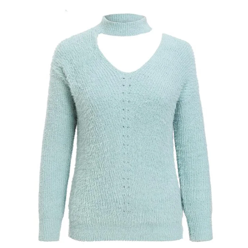 Женский трикотажный свитер с открытыми плечами синий Повседневный пуловер