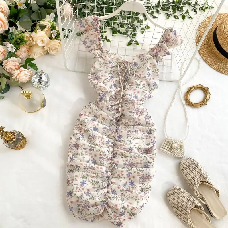 Женское облегающее платье с рюшами ажурное Цветочное без рукавов лето 2020|Женские