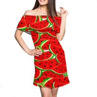 red off the shoulder plus size dresses hawaii fruit watermelon printing dress summer fashion women clothing beach casual dress