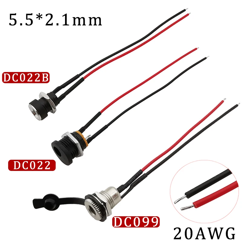 

5 шт. DC099/DC022/DC022B гнездовой разъем для зарядки 20AWG 5,5x2,1 мм разъем для кабеля питания постоянного тока Панельное крепление проводной разъем 10/15/...