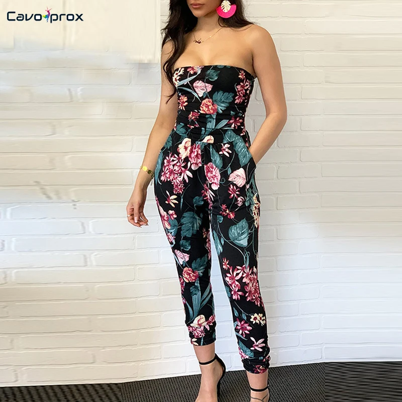 Женский цветочный принт без бретелек Облегающий комбинезон Повседневный Без