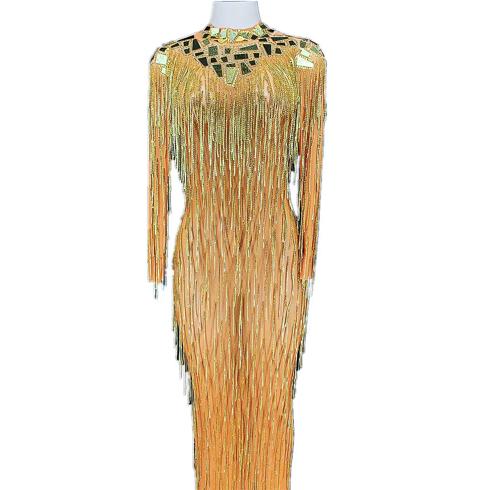 

Long Tassel Shining Sequins Full Sleeve Split Fork Dress Floor-Length Ladies Dance Costume Backless Women's Party Clothing