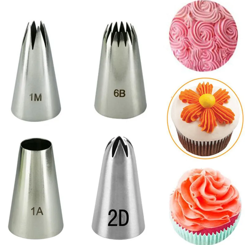 

4PCS/SET #6B#1M#1A#2D Stainless Steel Pastry Nozzle Flower Icing Piping Nozzles Baking Pastry Tips Cupcake Cake Decorating Tools