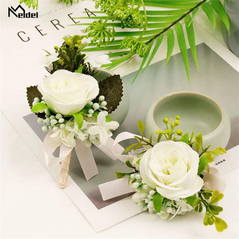 Meldel шелковые розы белые свадебные корсажи и бутоньерки жениха для мужчин