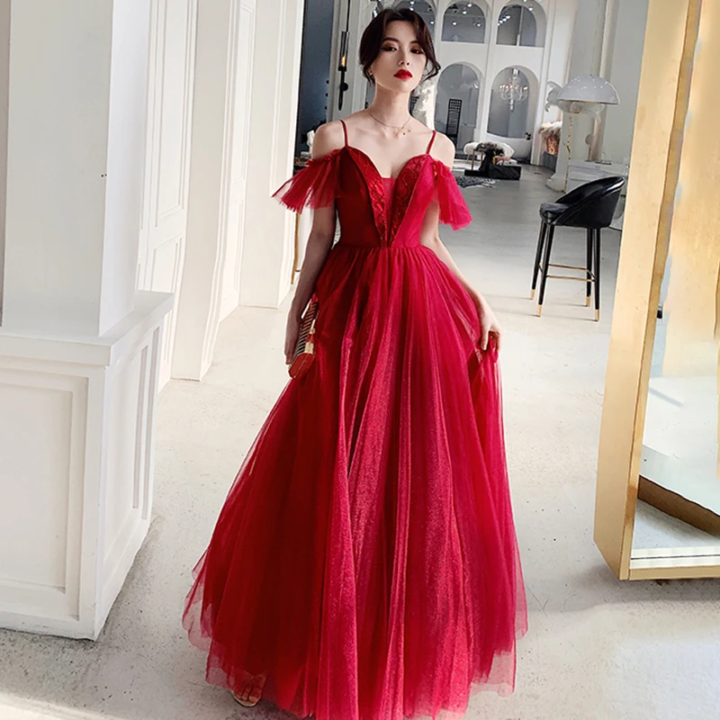 

Evening Dress Burgundy Beading Boat Neck Tulle Off the Shoulder Sleeves Lace up A-line Floor-length Plus size Formal Dress A022