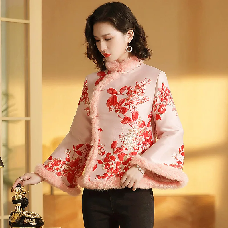 new year chinese-style dress Tang Costume collar cotton-padded jacket retro printing long-sleeved Short coat winter jackets - Цвет: Розовый