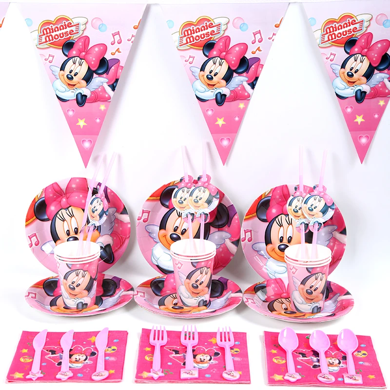 

58Pcs/lot Cartoon Minnie Theme Kids Birthday Party Decorations Baby Shower Anniversaire Supplies Disposable Tableware Sets