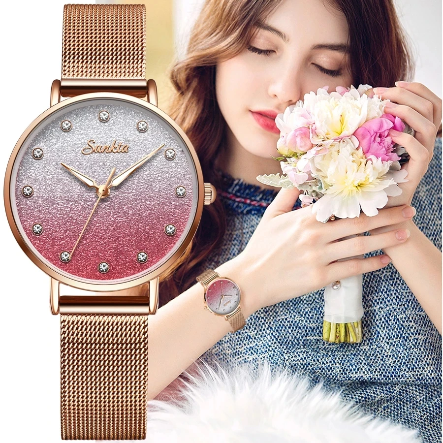 

zegarek damski SUNKTA Women Watches Luxury Rosegold Quartz Ladies Watches Relogio Feminino Mesh Band Wristwatches Reloj Mujer